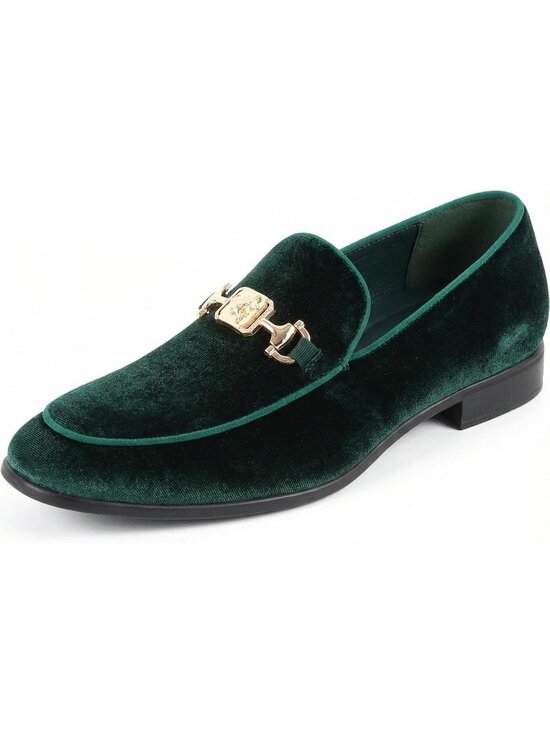 REIHUANNE Men\'s Green Velvet Loafer Metal Buckle Slip On Luxury Smoking Shoes main image 4